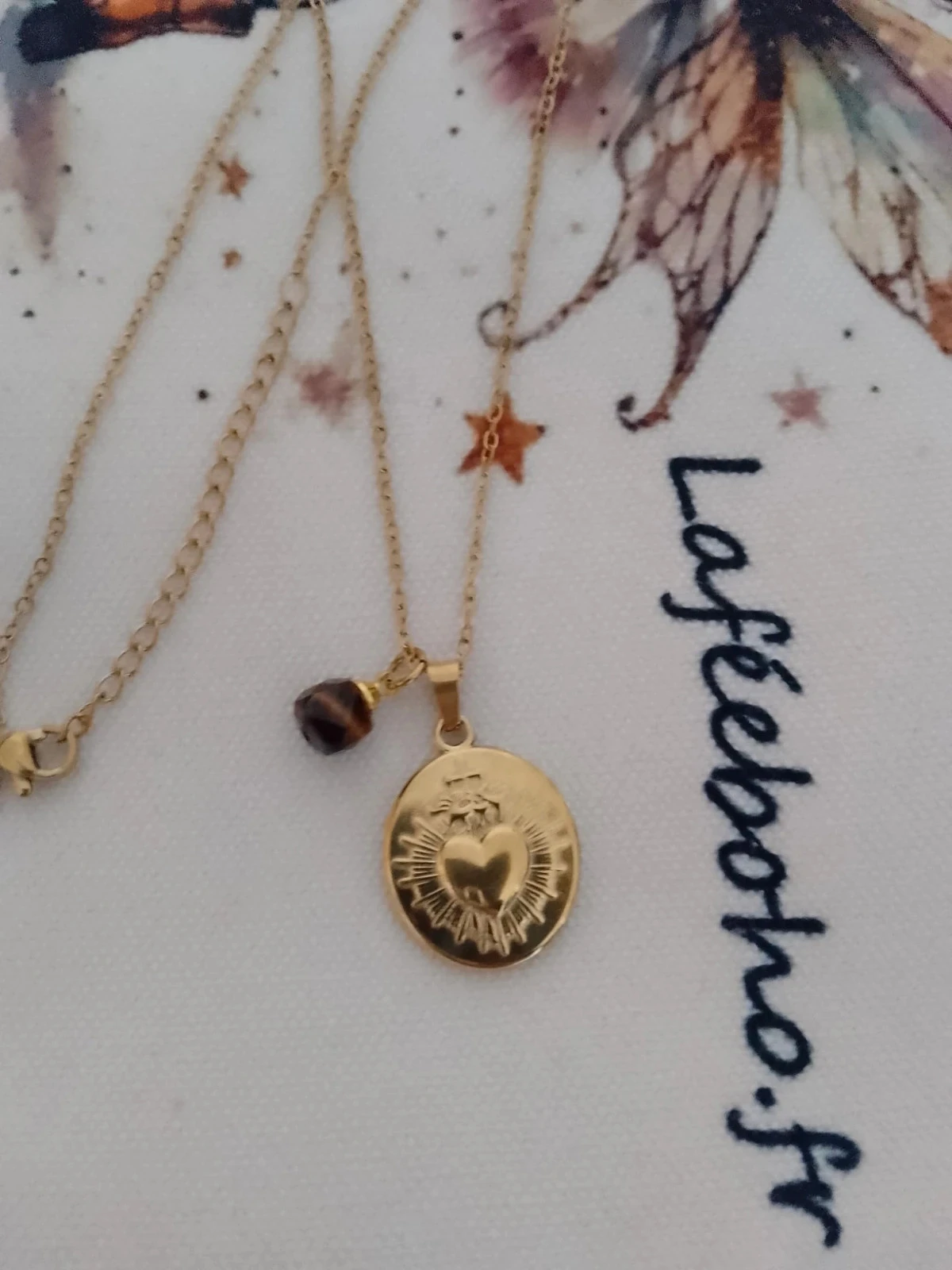 Collier pendentif coeur acier inoxydable doré et pierre oeil de tigre – photo 3